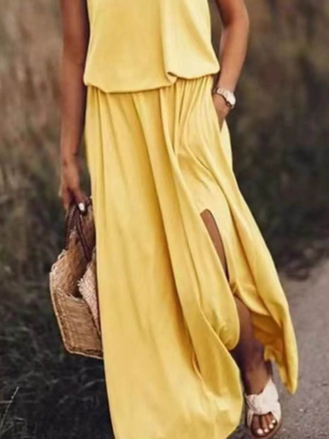 Full Size Round Neck Sleeveless Slit Maxi Dress Plus Size - IntuitiveEncBoutique