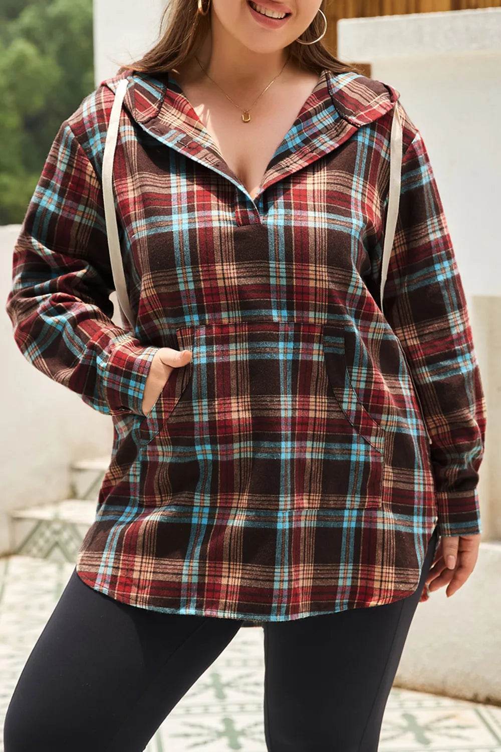 Plus Size Drawstring Plaid Quarter Button Hoodie - IntuitiveEncBoutique