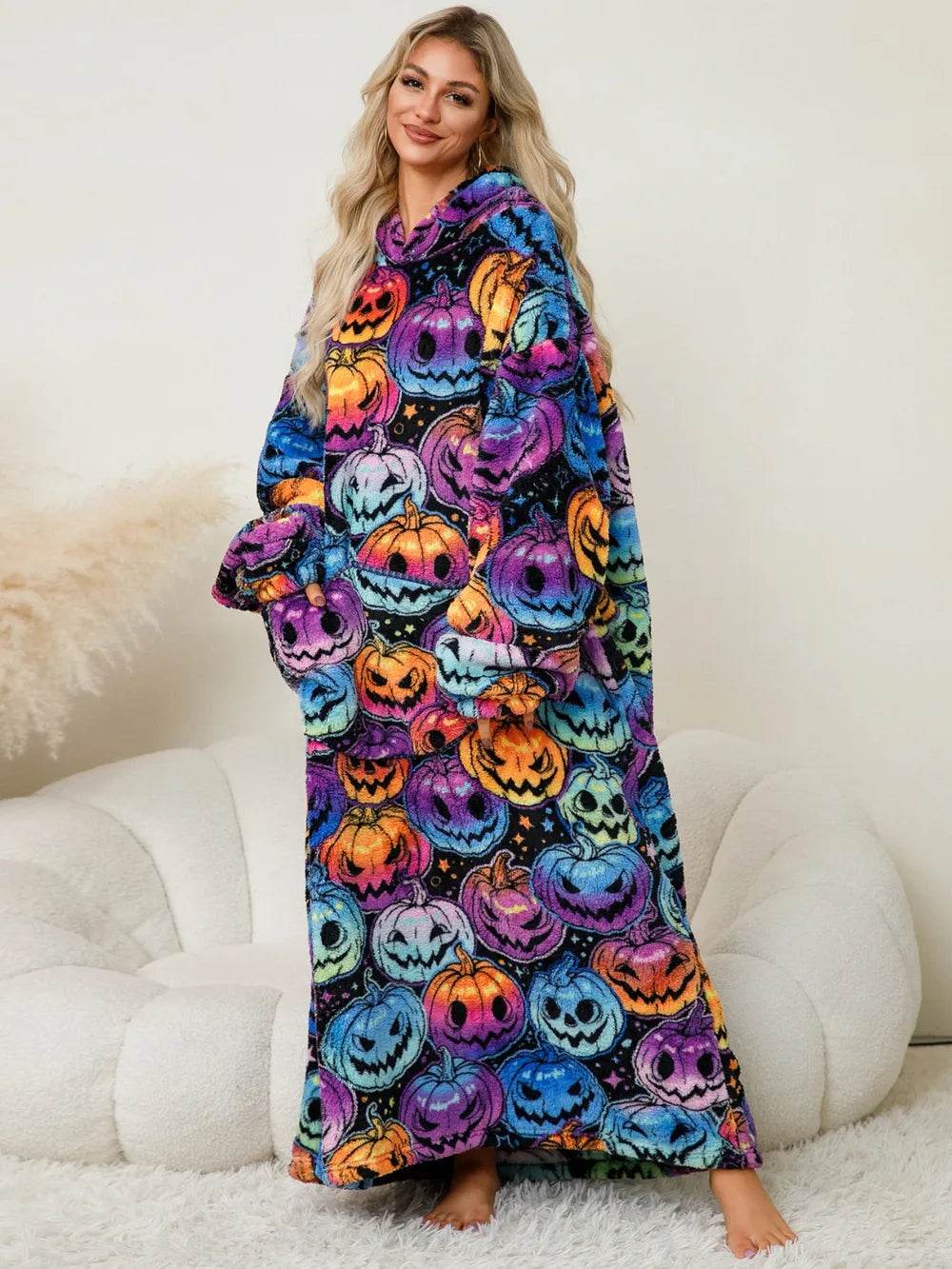 Fuzzy Pocketed Long Sleeve Hooded Lounge Dress - IntuitiveEncBoutique