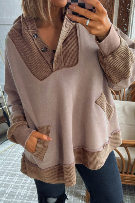 Goat Waffle Contrast Patchwork Plus Size Pocketed Hoodie - IntuitiveEncBoutique