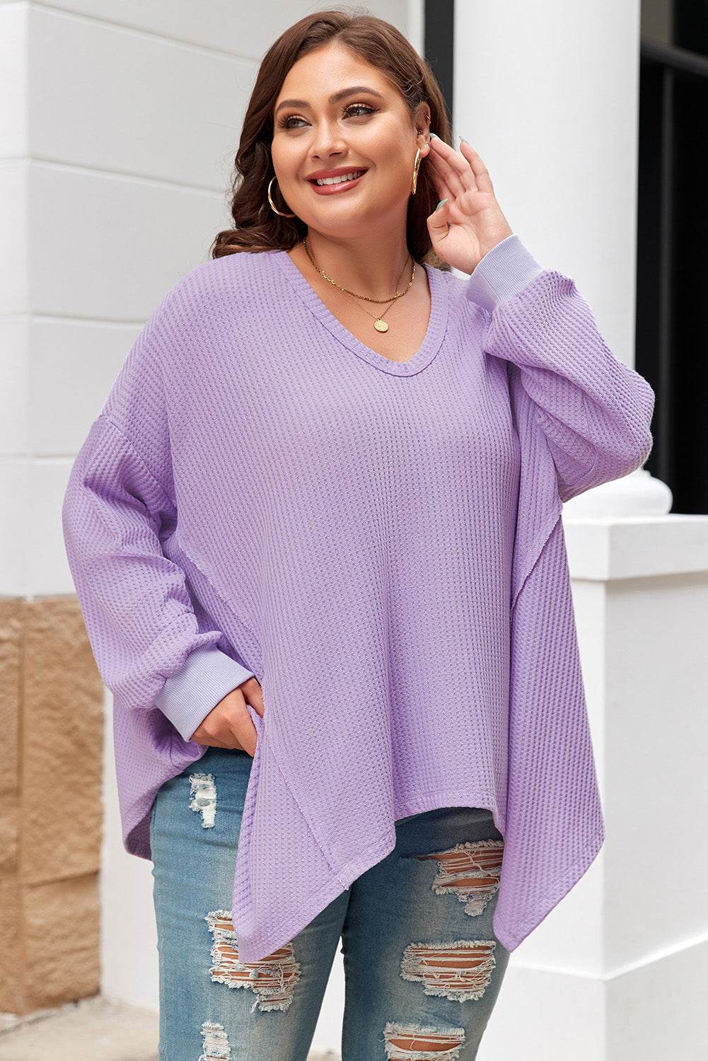 Orchid Petal Plus Size Waffle Knit Exposed Seam Flowy Top - IntuitiveEncBoutique