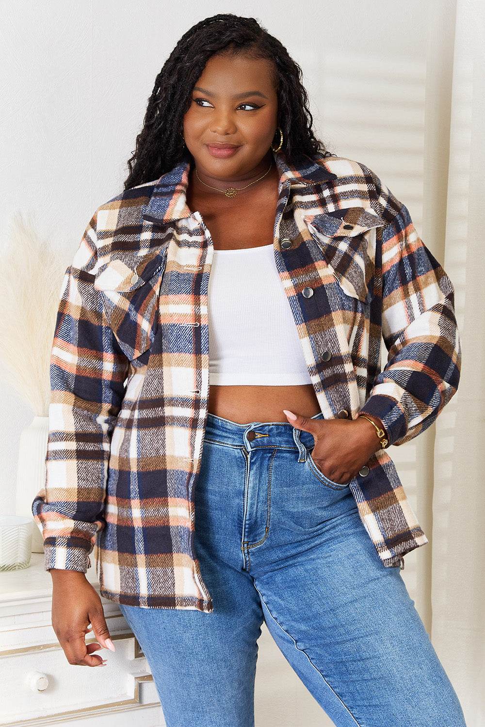 Double Take Plaid Button Front Shirt Jacket with Breast Pockets - IntuitiveEncBoutique