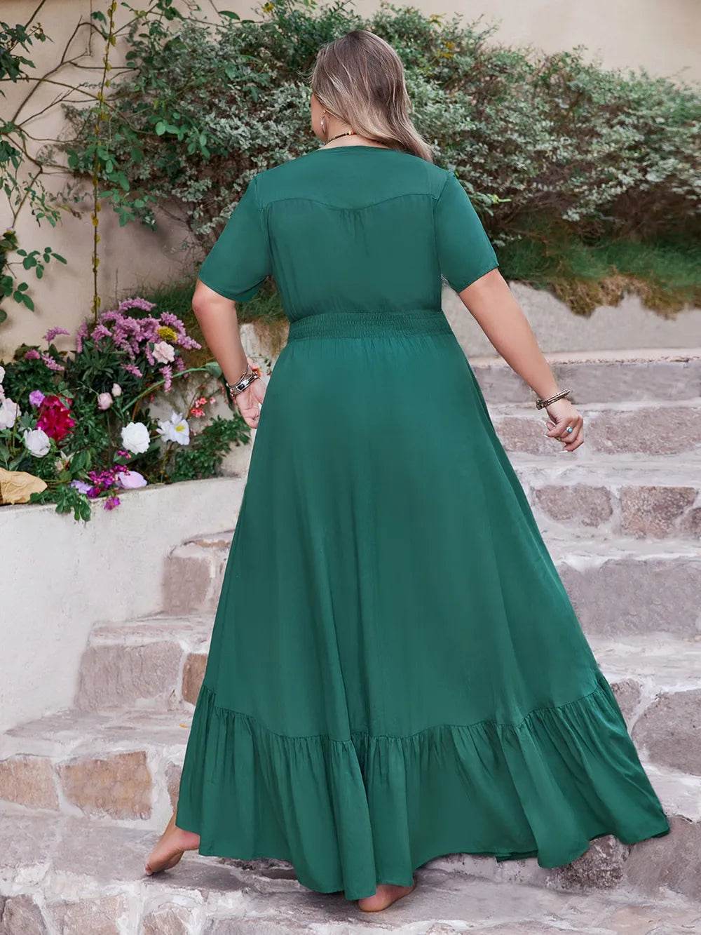 Plus Size Button Detail V-Neck Short Sleeve Maxi Dress - IntuitiveEncBoutique