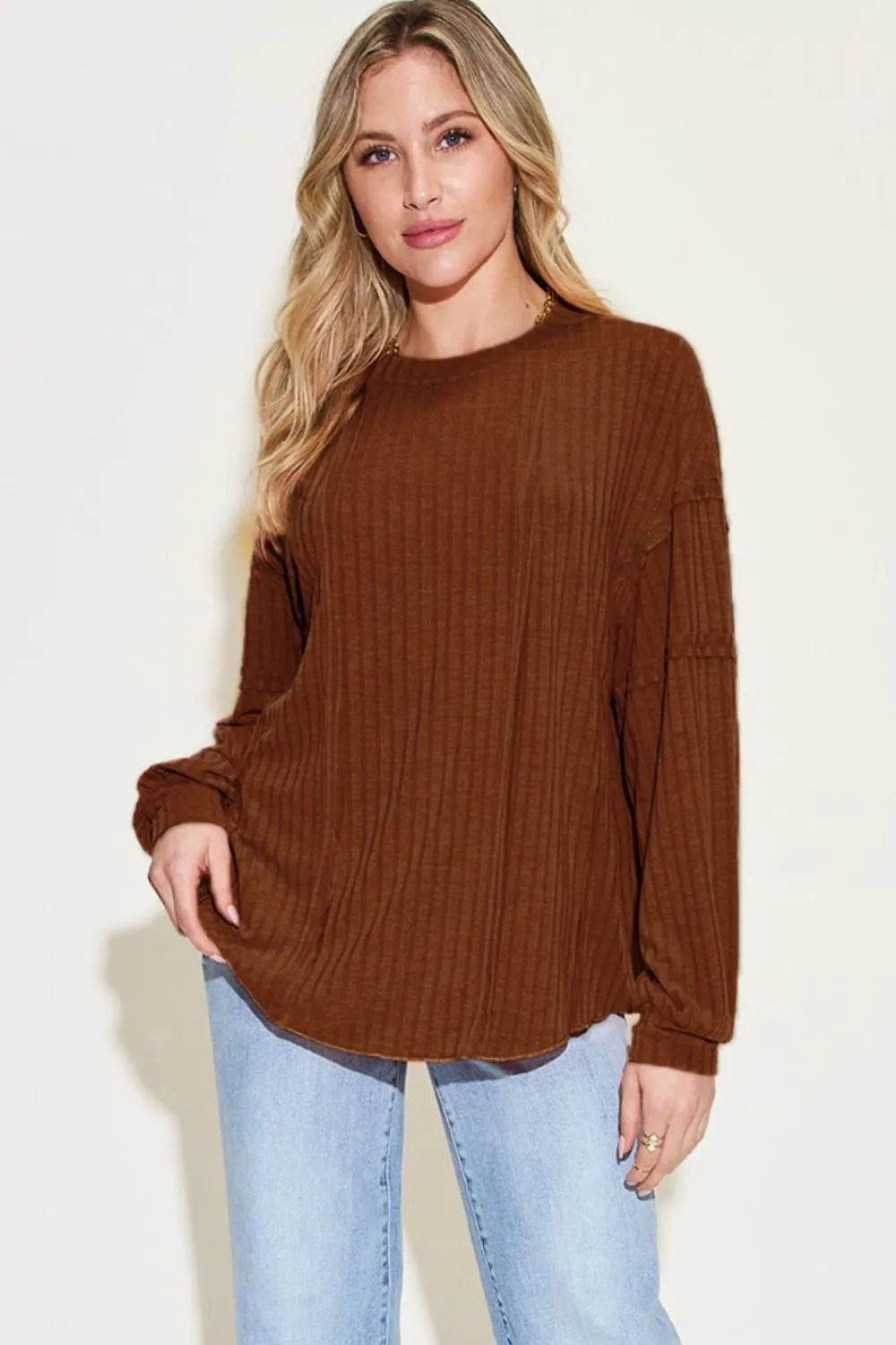 Basic Bae Full Size Ribbed Round Neck Long Sleeve T-Shirt - IntuitiveEncBoutique