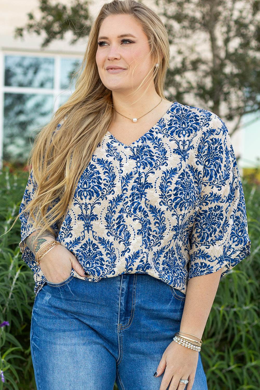 Blue Plus Size Ethnic Printed 3/4 Sleeve V Neck Loose Blouse - IntuitiveEncBoutique