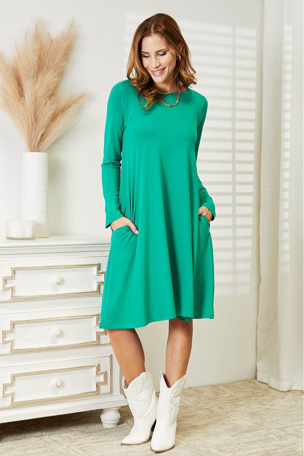 Zenana Full Size Long Sleeve Flare Dress with Pockets - IntuitiveEncBoutique