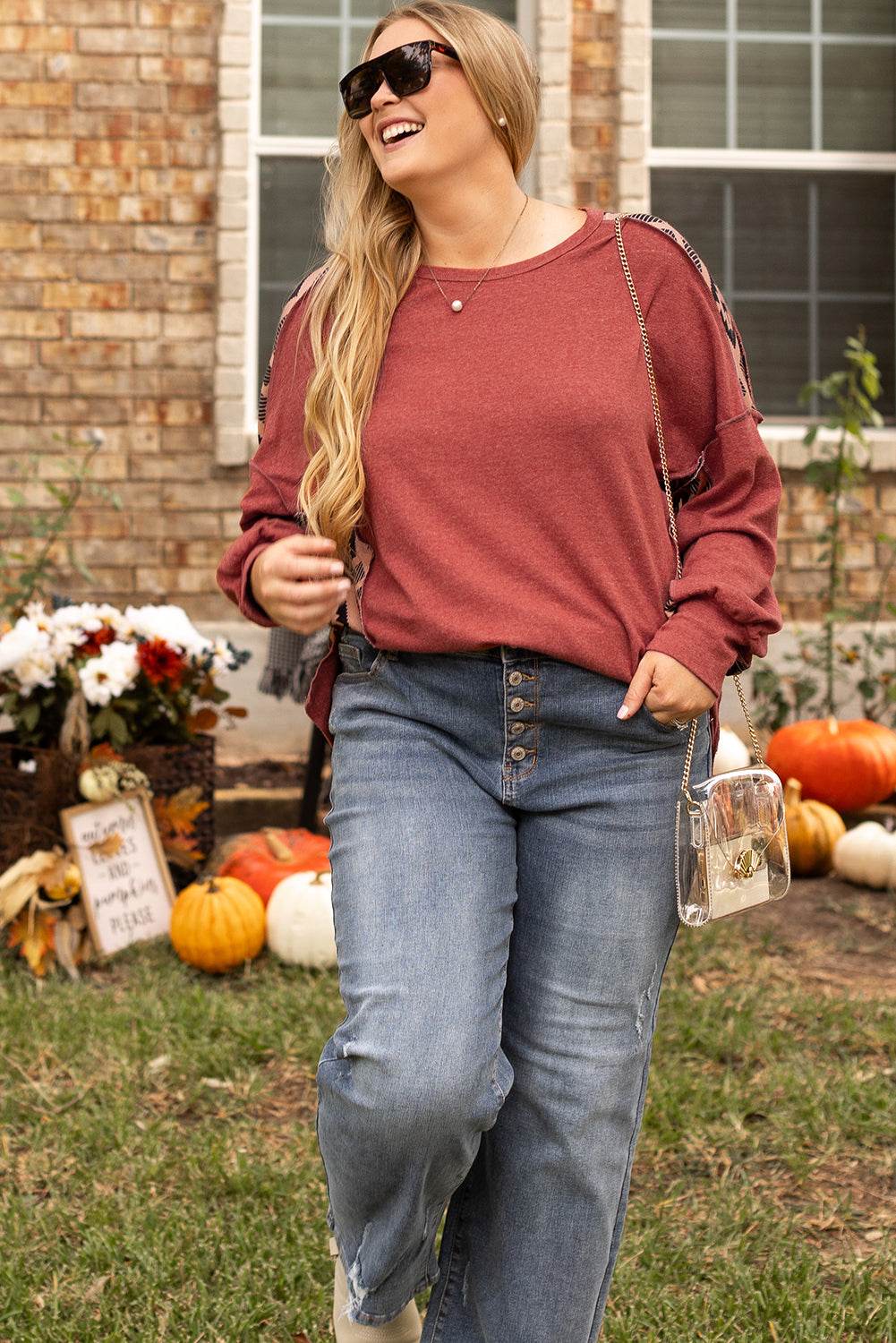 Redwood Burl Aztec Patchwork Drop Shoulder Plus Size High Low Sweatshirt - IntuitiveEncBoutique