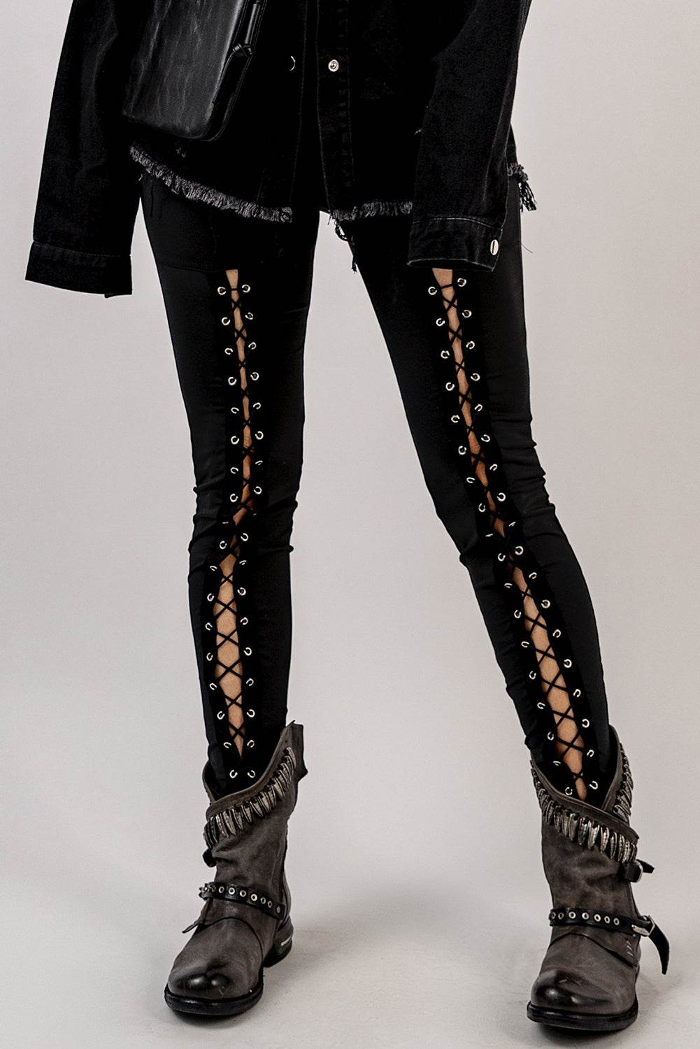 Black Grommet Lace Up Front Leggings - IntuitiveEncBoutique
