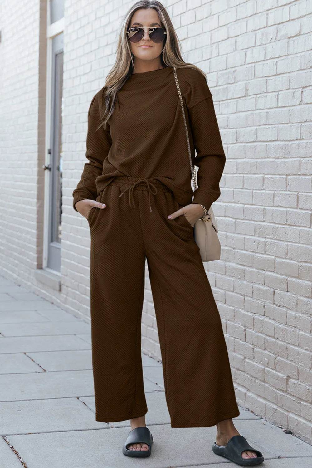 Double Take Full Size Textured Long Sleeve Top and Drawstring Pants Set - IntuitiveEncBoutique