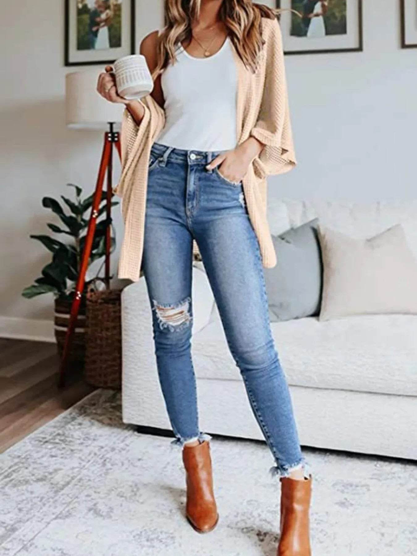 Full Size Open Front Waffle Knit Cardigan Plus Size - IntuitiveEncBoutique