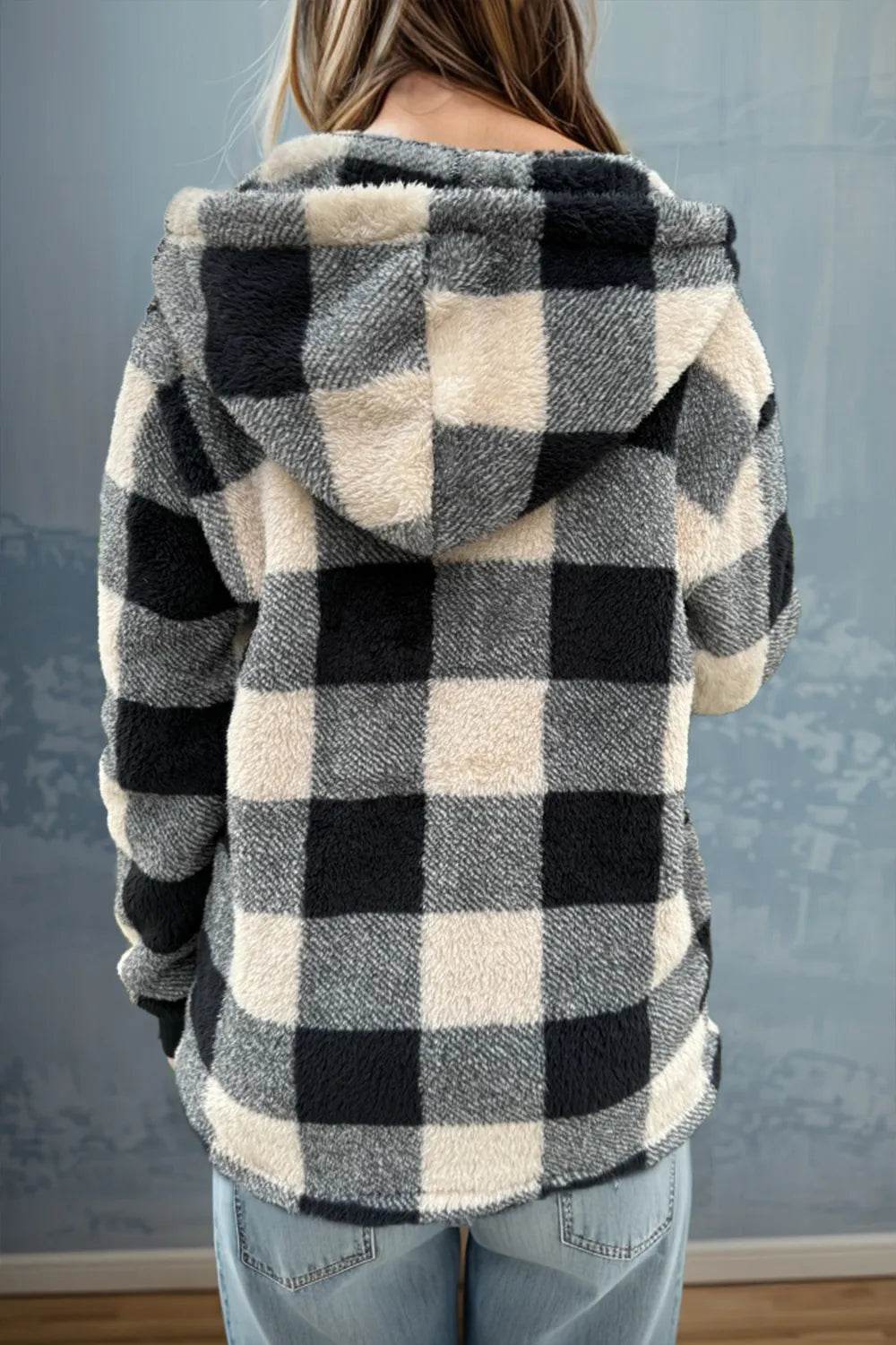 Double Take Full Size Plaid Long Sleeve Hooded Coat - IntuitiveEncBoutique