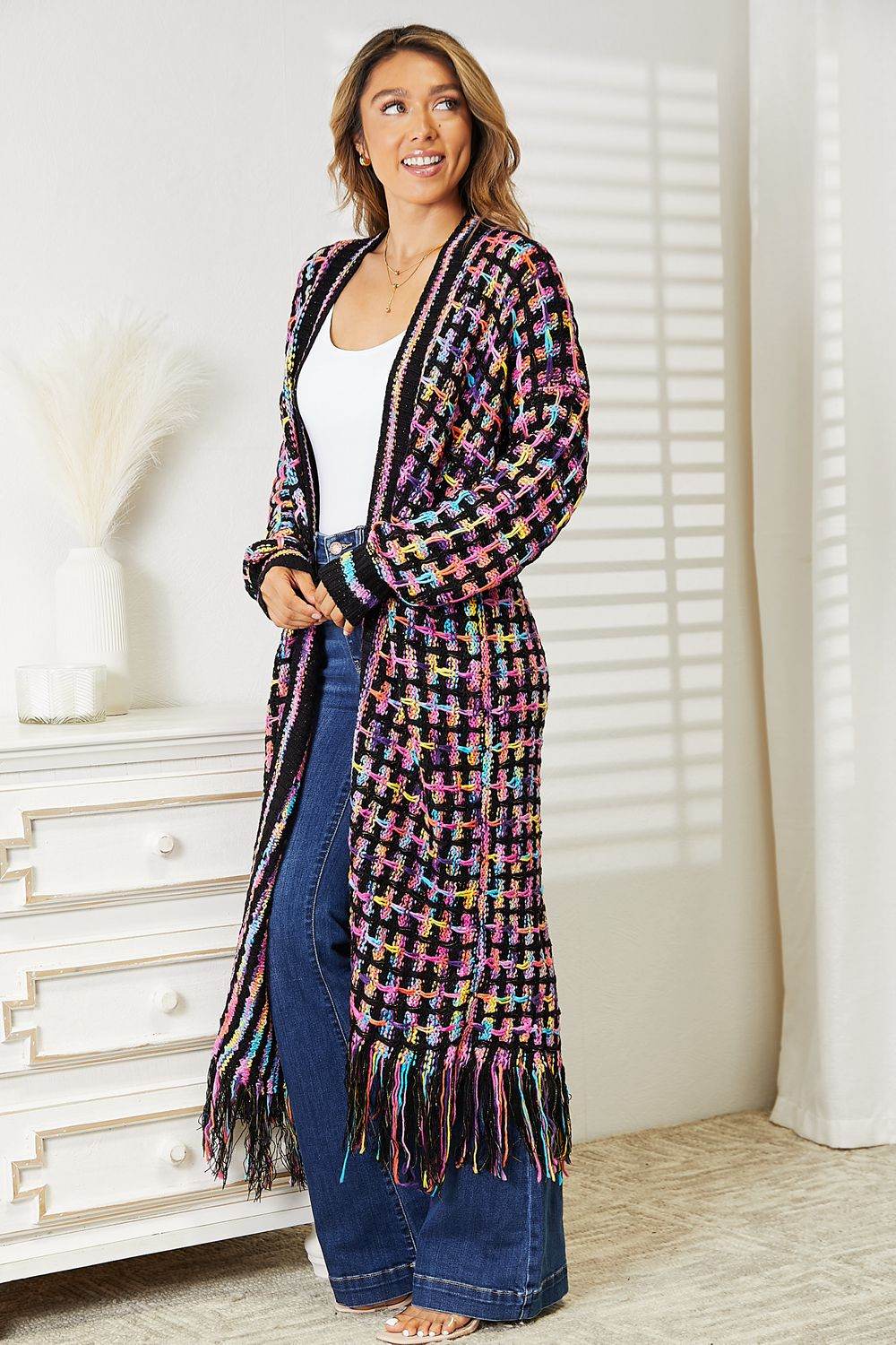 Angel Wings Full Size Multicolored Open Front Fringe Hem Cardigan - IntuitiveEncBoutique