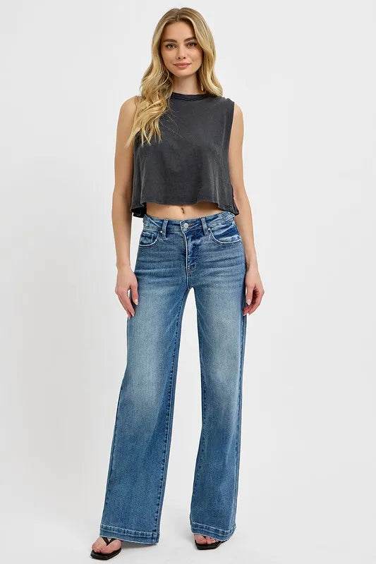 RISEN Full Size Tummy Control High Rise Wide Adjustable Waist Band Jeans Plus Size - IntuitiveEncBoutique