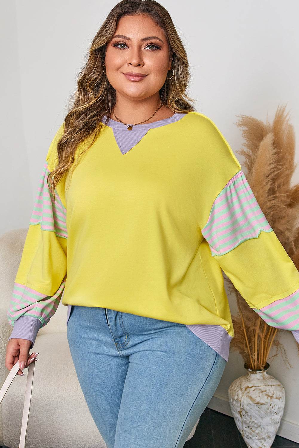 Yellow Striped Color Block Patchwork Crewneck Plus Size Pullover Sweatshirt - IntuitiveEncBoutique