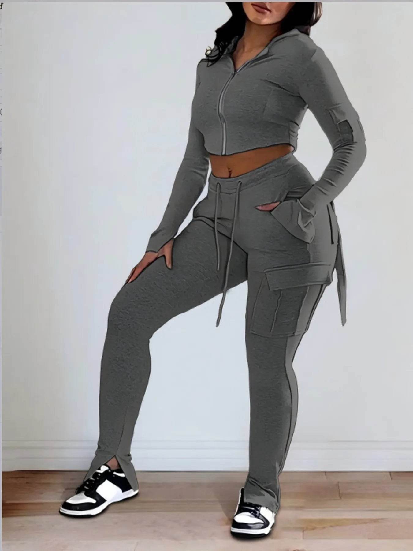 Full Size Zip Up Long Sleeve Hooded Top and Cargo Pants Set Plus Size - IntuitiveEncBoutique