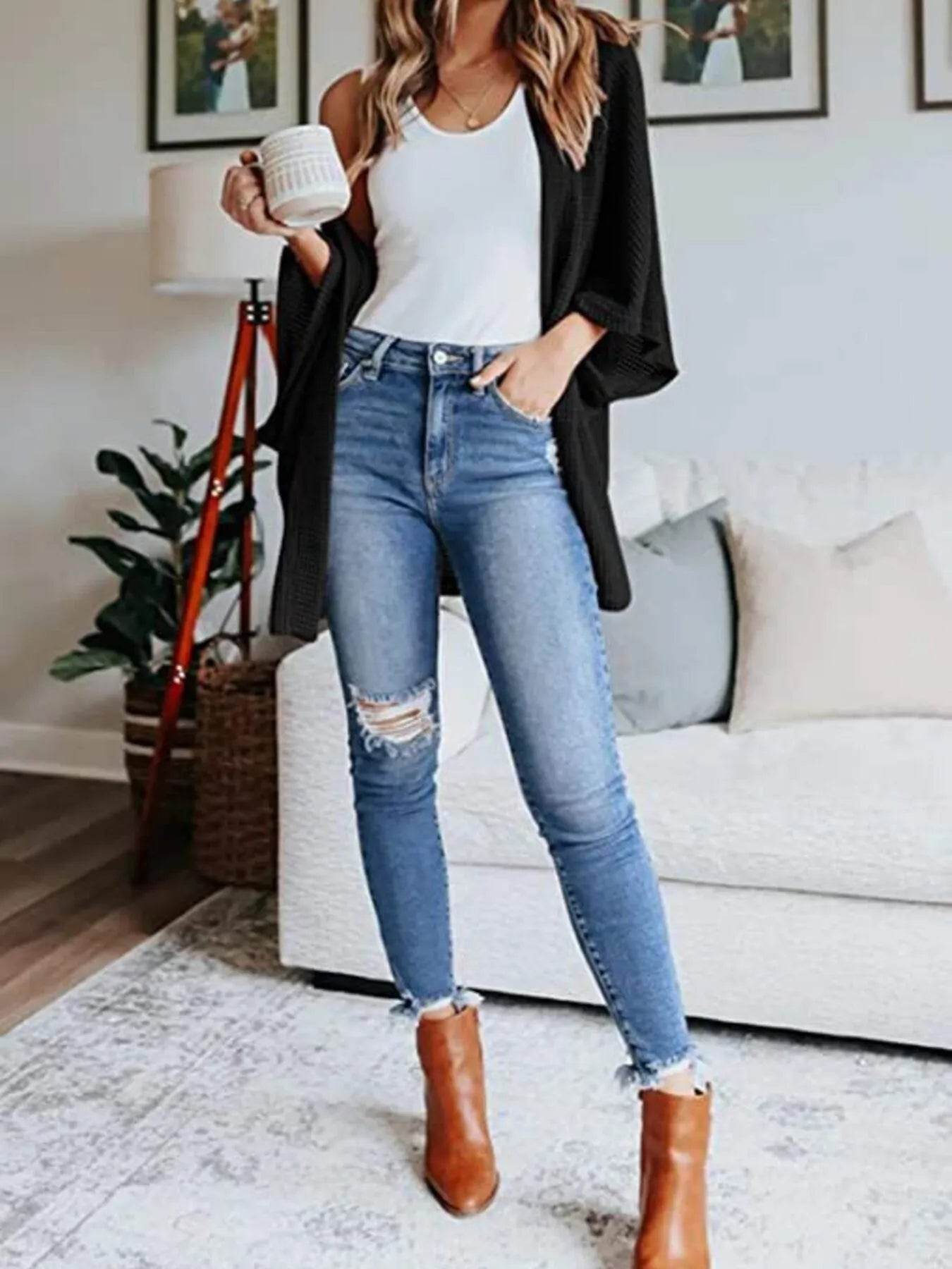 Full Size Open Front Waffle Knit Cardigan Plus Size - IntuitiveEncBoutique