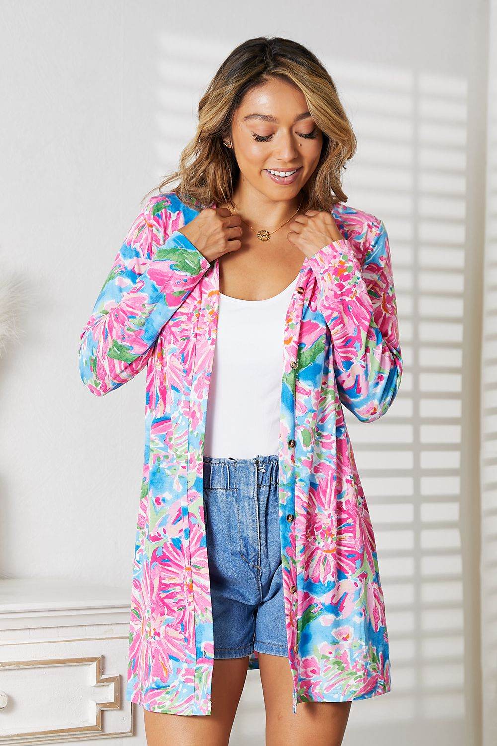 Double Take Floral Open Front Long Sleeve Cardigan - IntuitiveEncBoutique