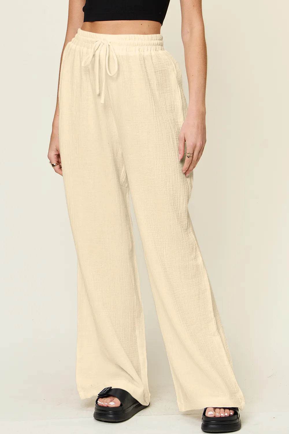 Double Take Full Size Texture Drawstring Wide Leg Pants - IntuitiveEncBoutique