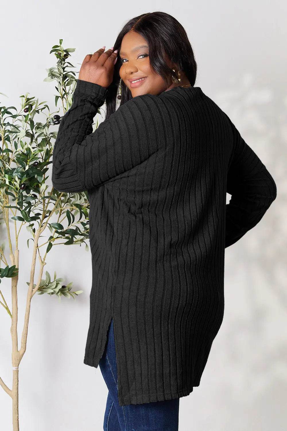 Basic Bae Full Size Ribbed Round Neck Long Sleeve Slit Top - IntuitiveEncBoutique