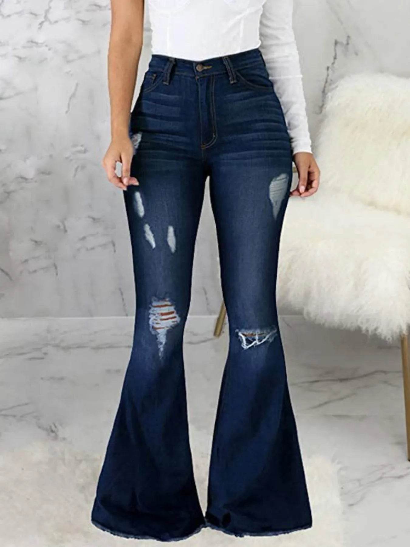 Full Size Distressed Raw Hem Flare Jeans Plus Size - IntuitiveEncBoutique