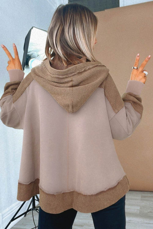 Goat Waffle Contrast Patchwork Plus Size Pocketed Hoodie - IntuitiveEncBoutique