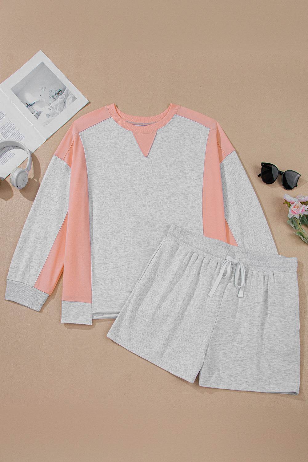 Light Grey Uneven Hem Color block Pullover Casual Shorts Plus Size 2pcs Outfit - IntuitiveEncBoutique