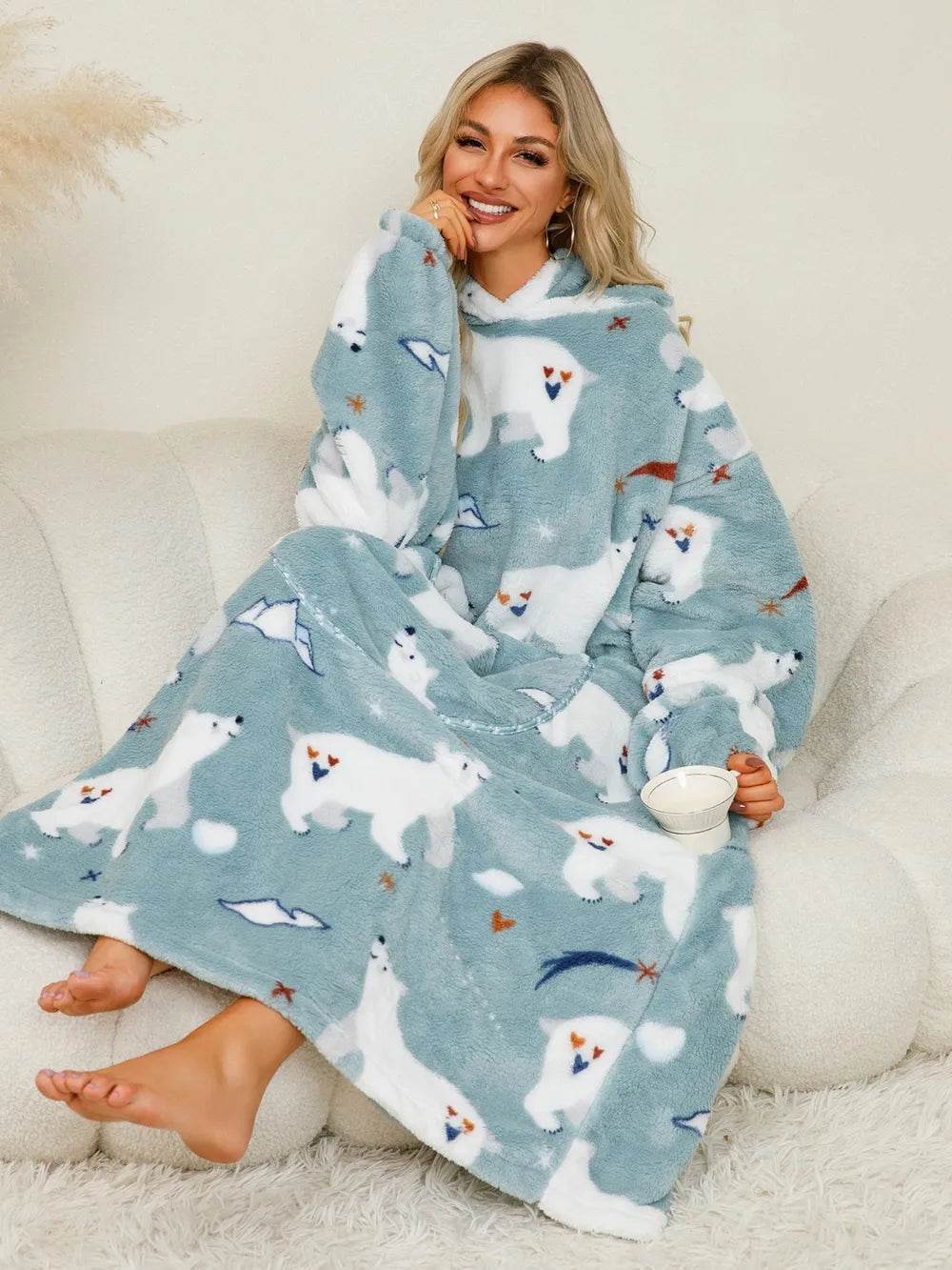 Fuzzy Pocketed Long Sleeve Hooded Lounge Dress - IntuitiveEncBoutique