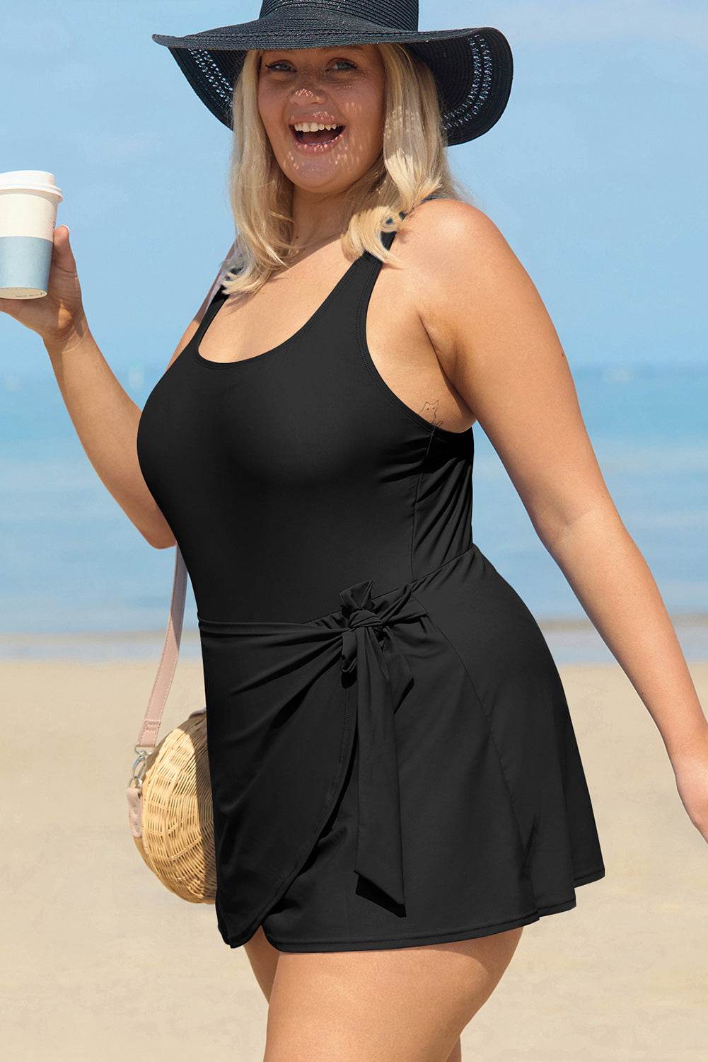 Black Solid Color Square Neck Knotted Plus Size One Piece Swimsuit - IntuitiveEncBoutique