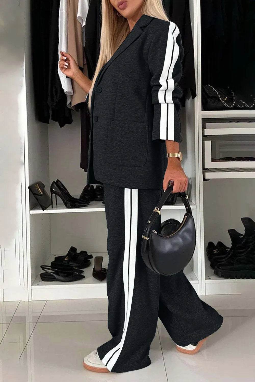 Full Size Contrast Lapel Collar Top and Pants Set - IntuitiveEncBoutique