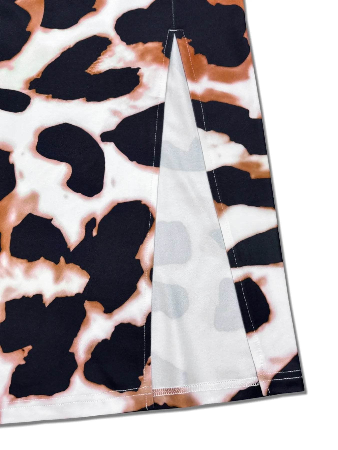 Plus Size Leopard Print Short Sleeve Maxi Dress with Side Slit - IntuitiveEncBoutique
