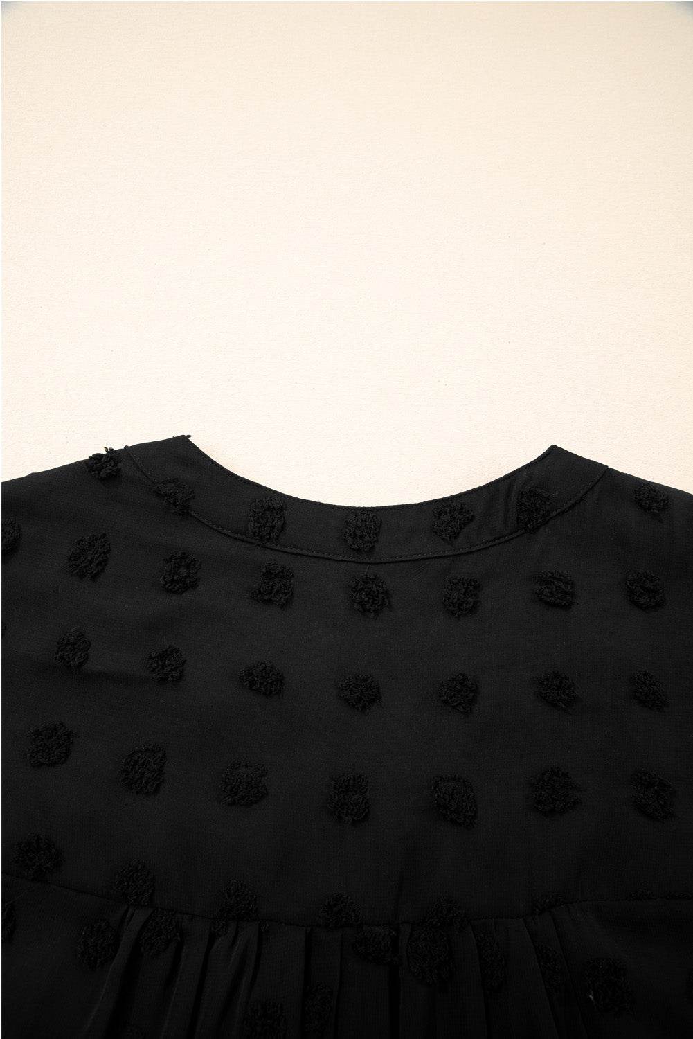 Black Dotty Textured Notched Neck Plus Ruffled Dress - IntuitiveEncBoutique