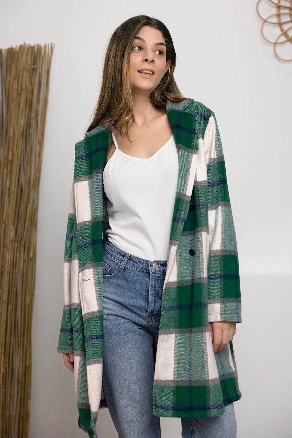 Double Take Full Size Plaid Button Up Lapel Collar Coat - IntuitiveEncBoutique
