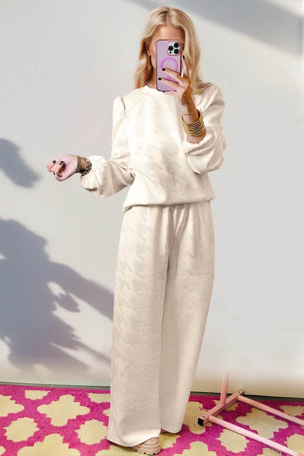 Double Take Texture Long Sleeve Top and Wide Leg Pants Set - IntuitiveEncBoutique