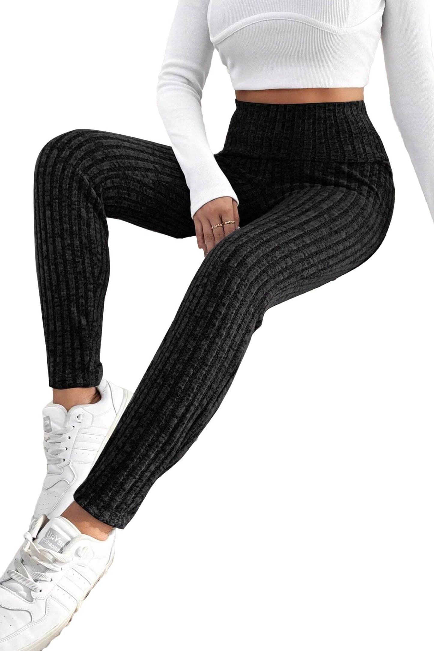 Dark Grey Wide Waistband Ribbed Textured Knit Leggings - IntuitiveEncBoutique