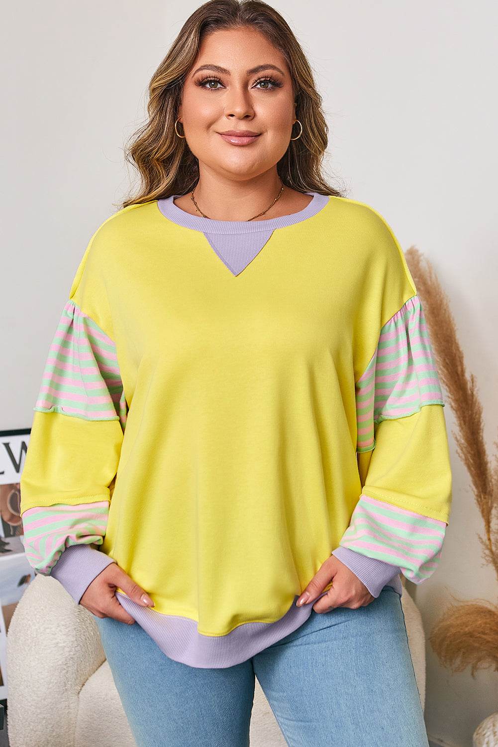Yellow Striped Color Block Patchwork Crewneck Plus Size Pullover Sweatshirt - IntuitiveEncBoutique