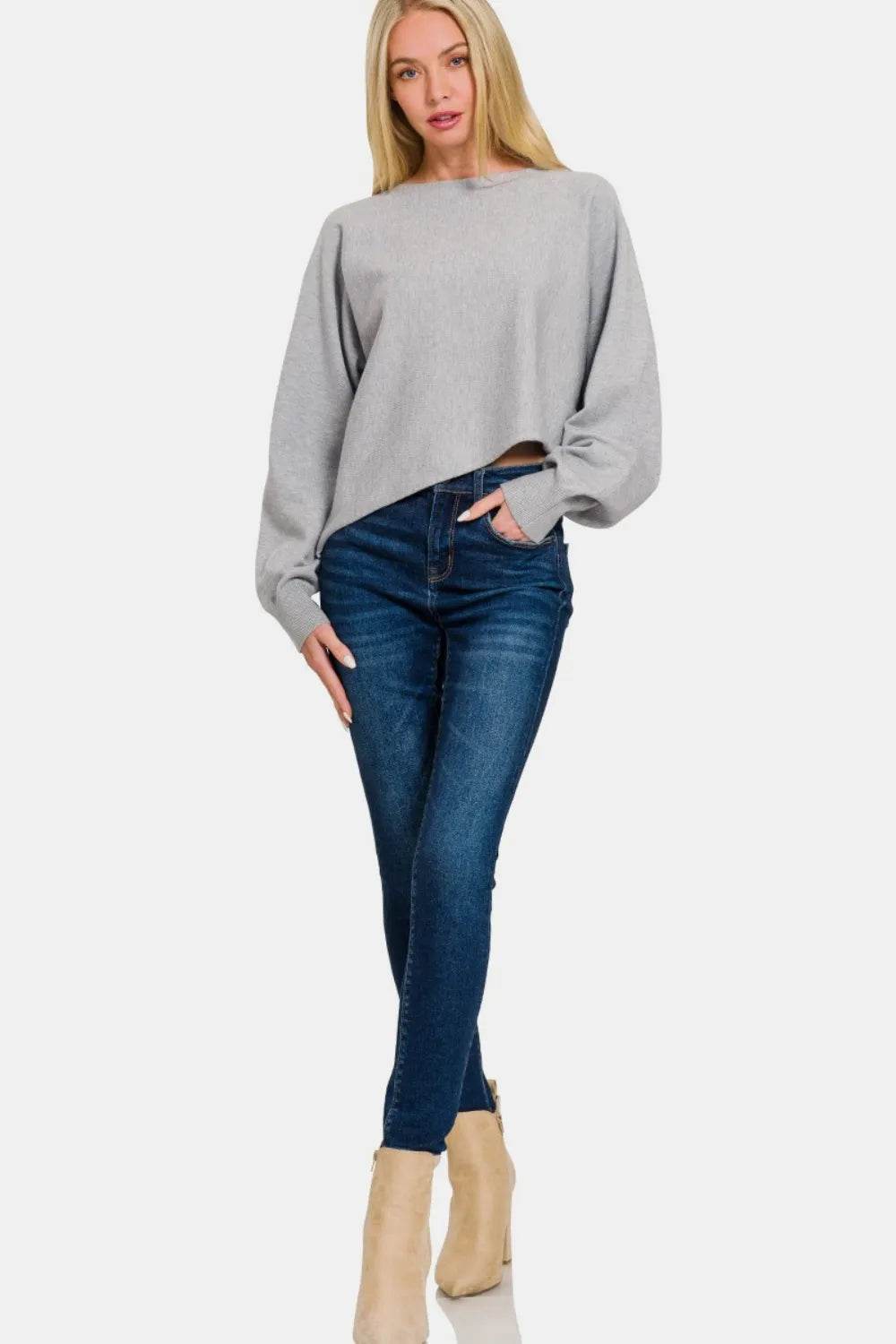 Zenana Asymmetric Hem Long Sleeve Sweater - IntuitiveEncBoutique