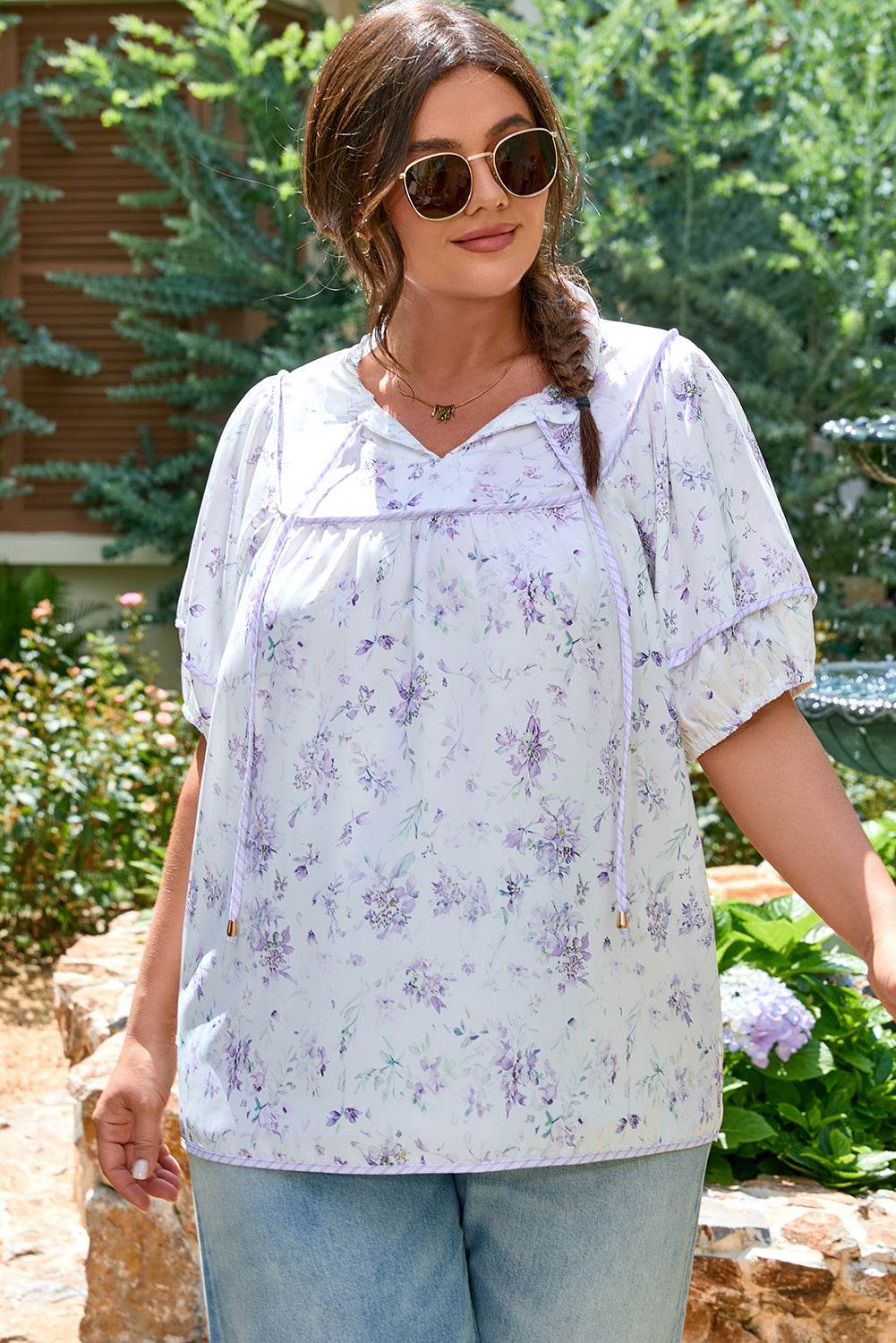 Purple Floral Trimmed Detail Split Neck Plus Size Top - IntuitiveEncBoutique