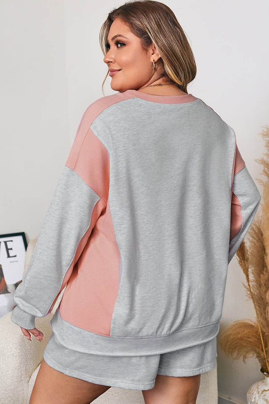 Light Grey Uneven Hem Color block Pullover Casual Shorts Plus Size 2pcs Outfit - IntuitiveEncBoutique