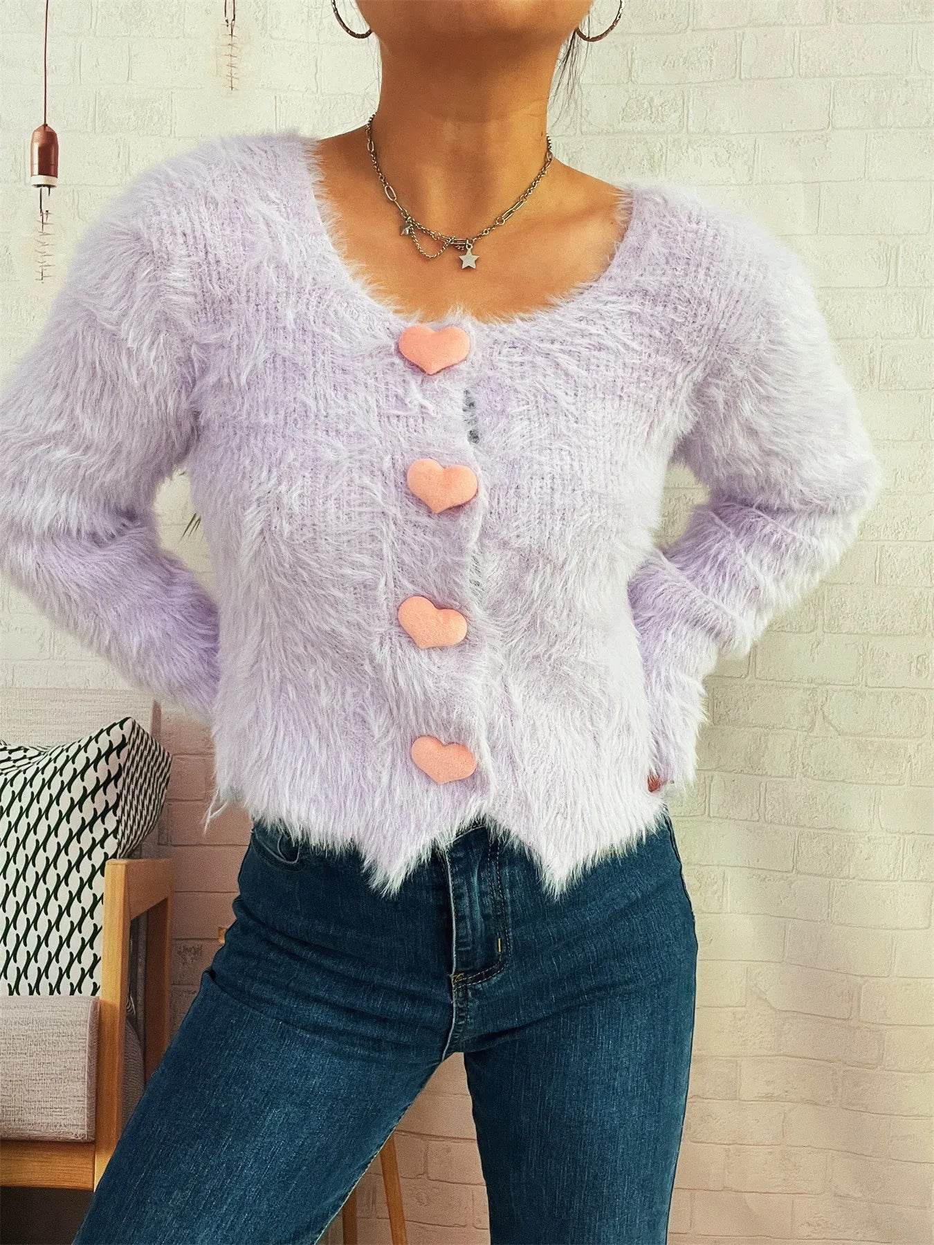 Fuzzy Heart Shape Button-Up Cardigan - IntuitiveEncBoutique