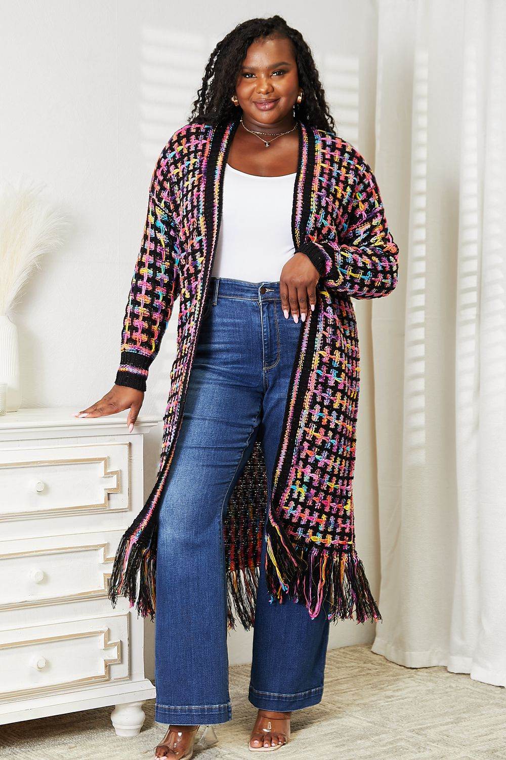 Angel Wings Full Size Multicolored Open Front Fringe Hem Cardigan - IntuitiveEncBoutique