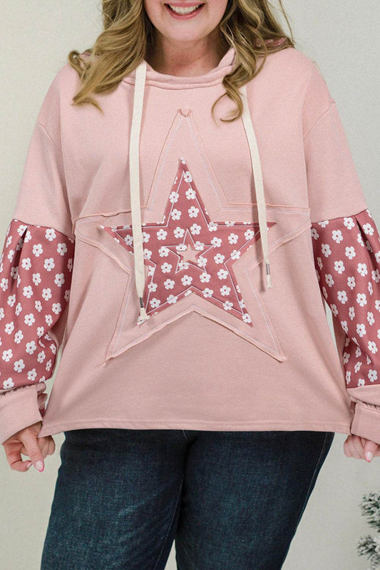 Delicacy Star Patch Graphic Floral Color Block Drawstring Plus Size Hoodie - IntuitiveEncBoutique