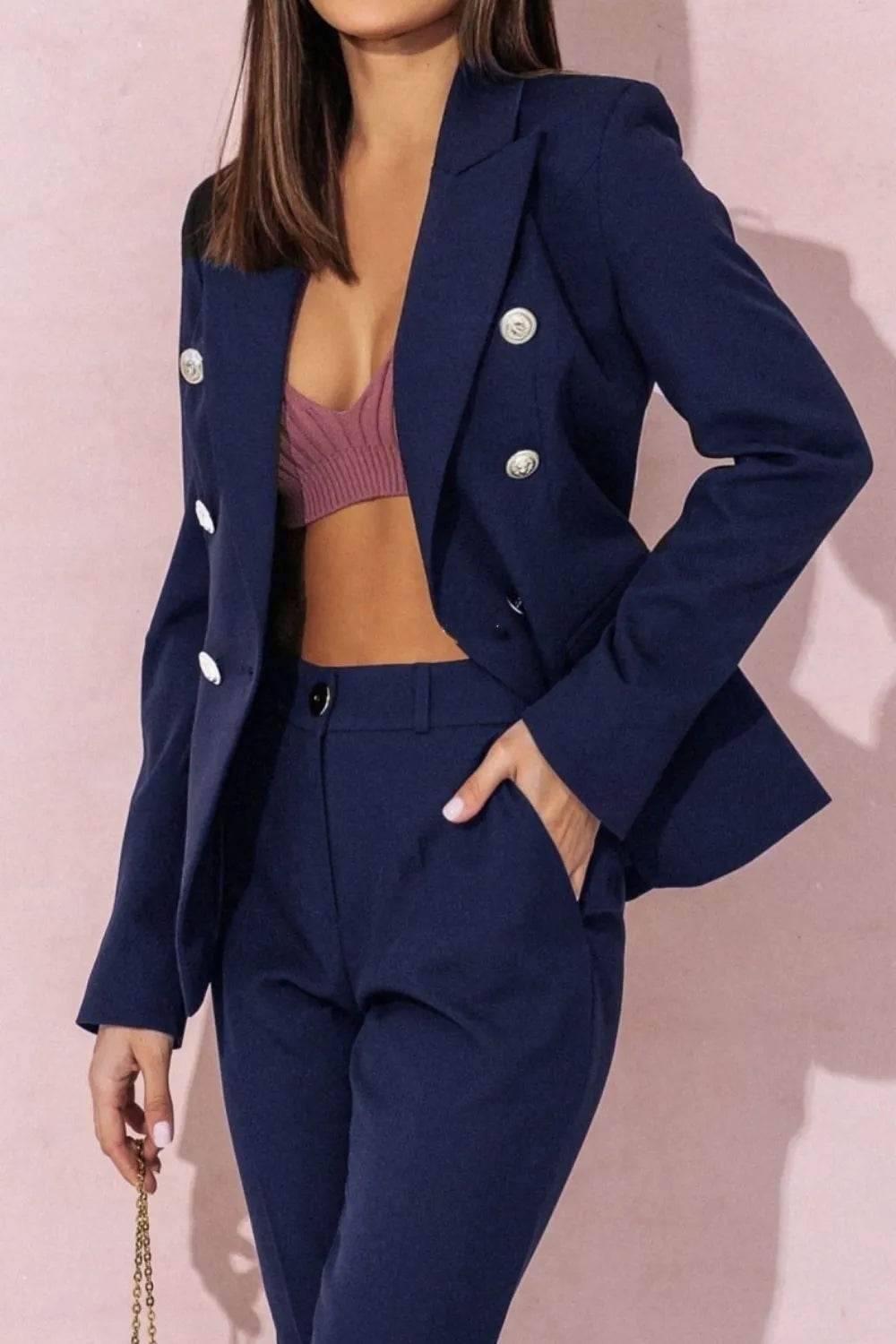 Full Size Lapel Collar Long Sleeve Blazer and Pants Set Plus Size - IntuitiveEncBoutique