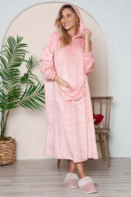 Double Take Full Size Pocketed Hooded Midi Lounge Dress - IntuitiveEncBoutique