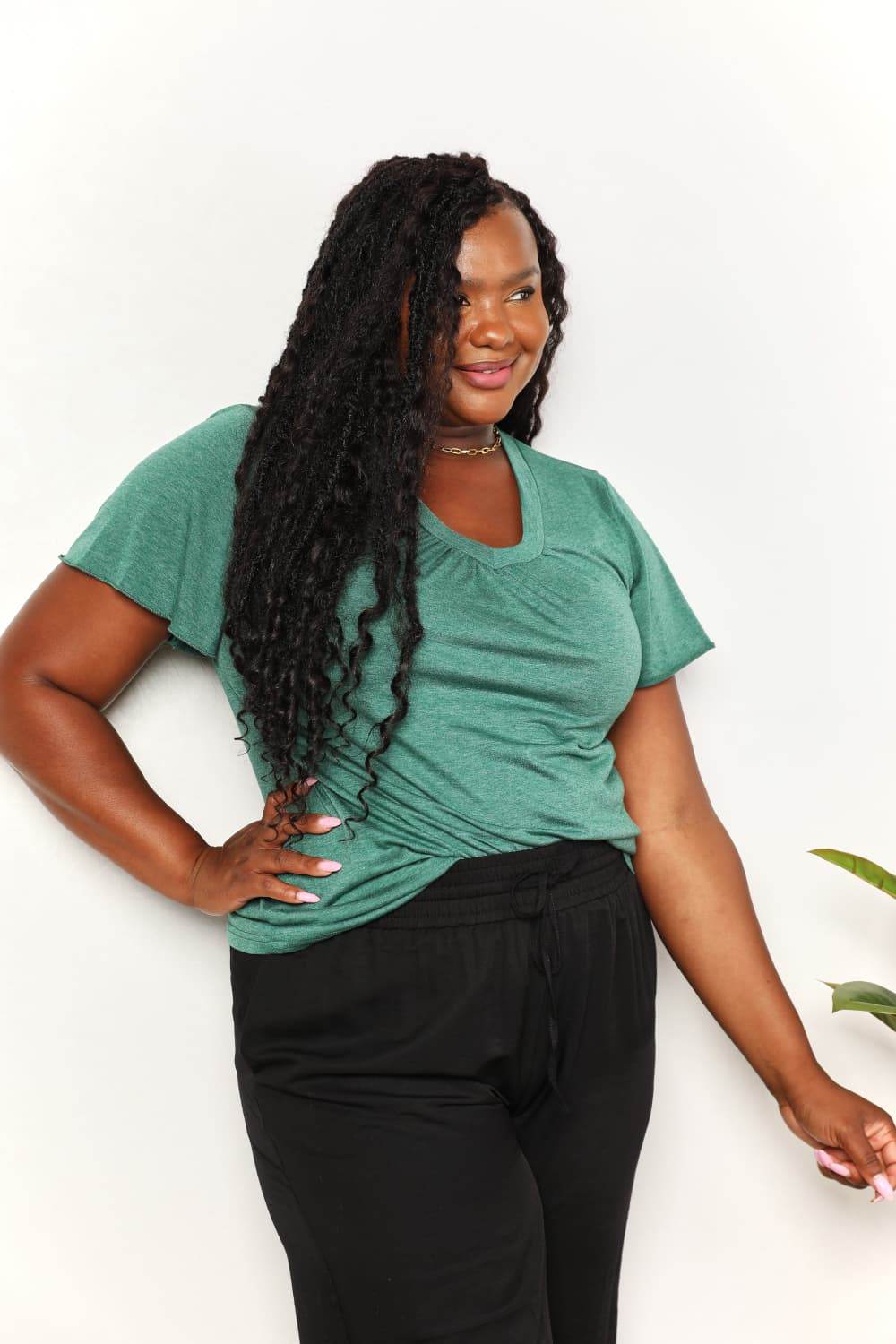 Double Take Ruched V-Neck Short Sleeve T-Shirt - IntuitiveEncBoutique