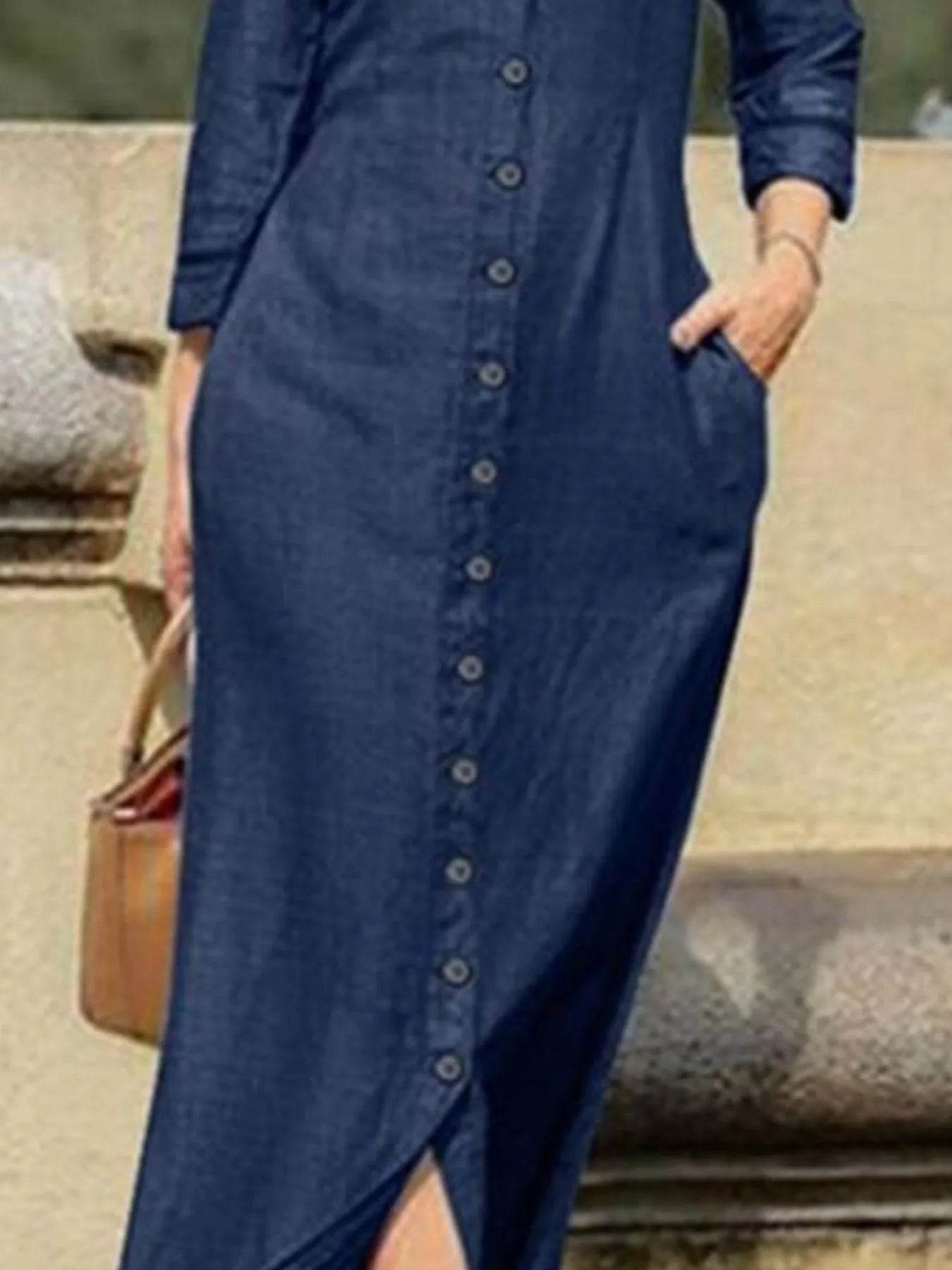 Full Size Button-Down Maxi Denim Dress Plus Size - IntuitiveEncBoutique