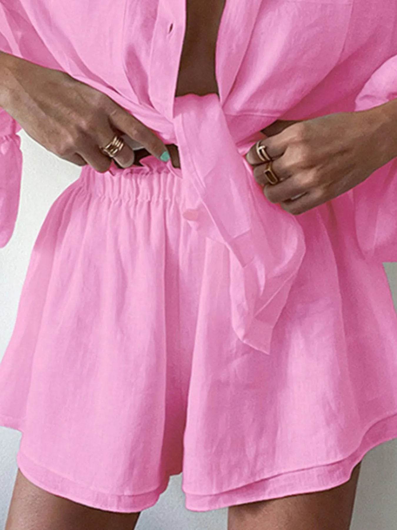 Full Size Button Up Balloon Sleeve Top and Shorts Set Plus Size - IntuitiveEncBoutique