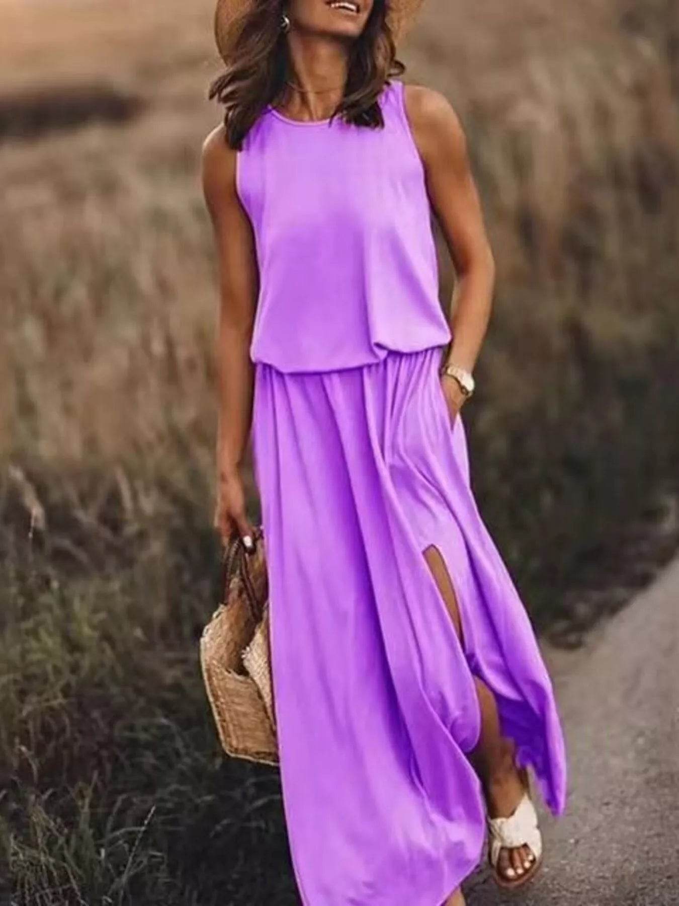 Full Size Round Neck Sleeveless Slit Maxi Dress Plus Size - IntuitiveEncBoutique