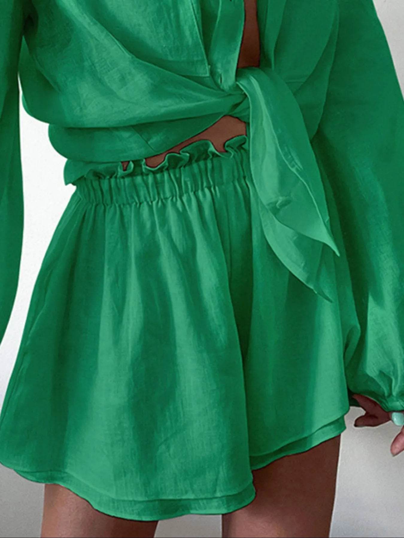Full Size Button Up Balloon Sleeve Top and Shorts Set Plus Size - IntuitiveEncBoutique