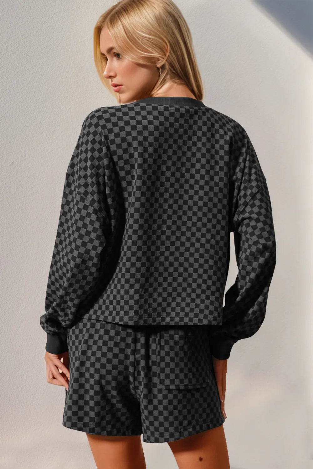 Double Take Checkered Half Button Top and Shorts Set - IntuitiveEncBoutique