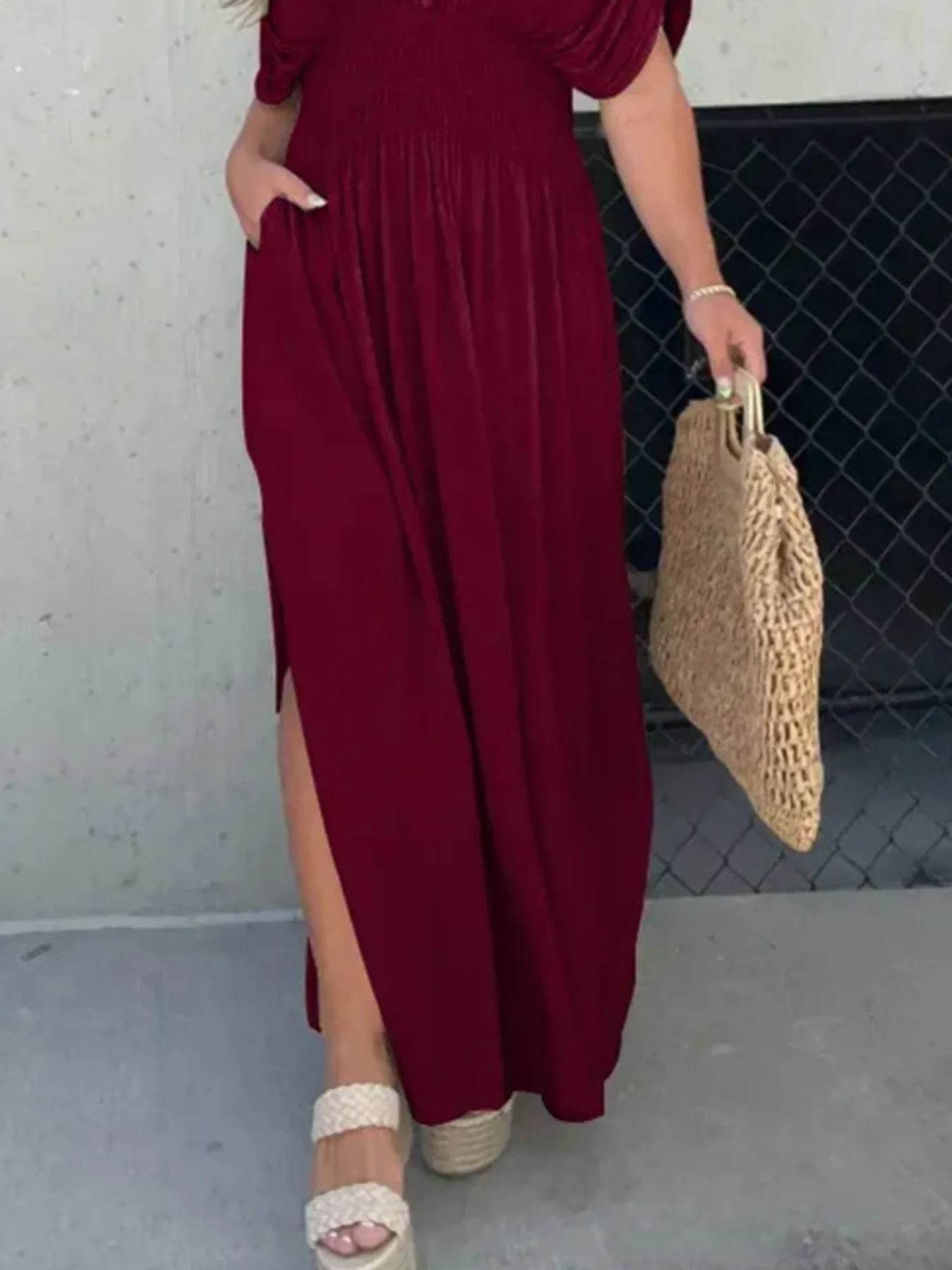 Full Size Deep V-Neck Maxi Dress with Side Slit Plus Size - IntuitiveEncBoutique